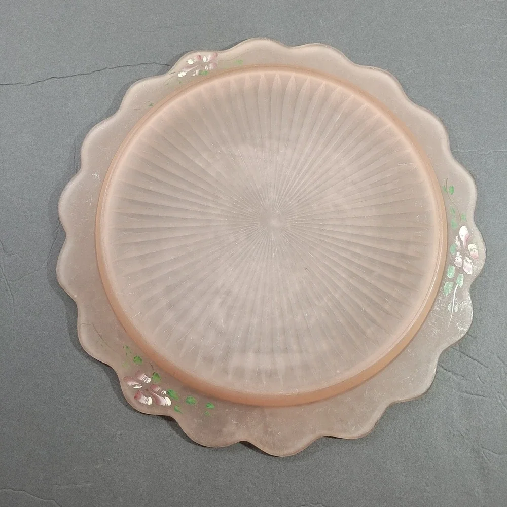 Anchor Hocking Colony Pink Satin Hand Cake Plate Painted Floral Scalloped 13